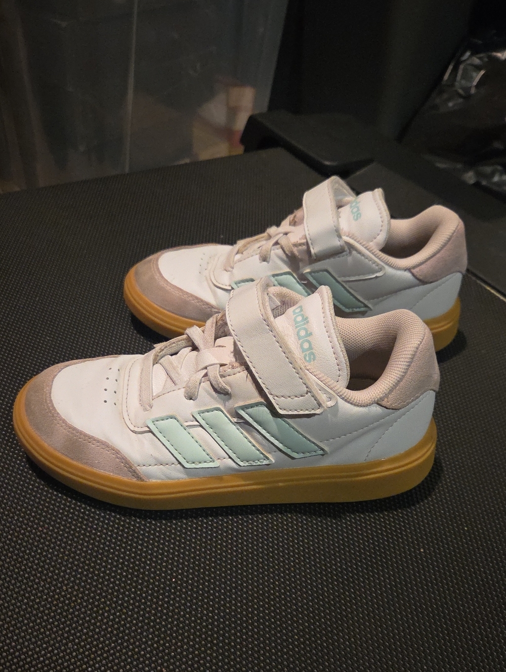 adidas Kids White Sneakers with Mint Stripes and Gum Sole
